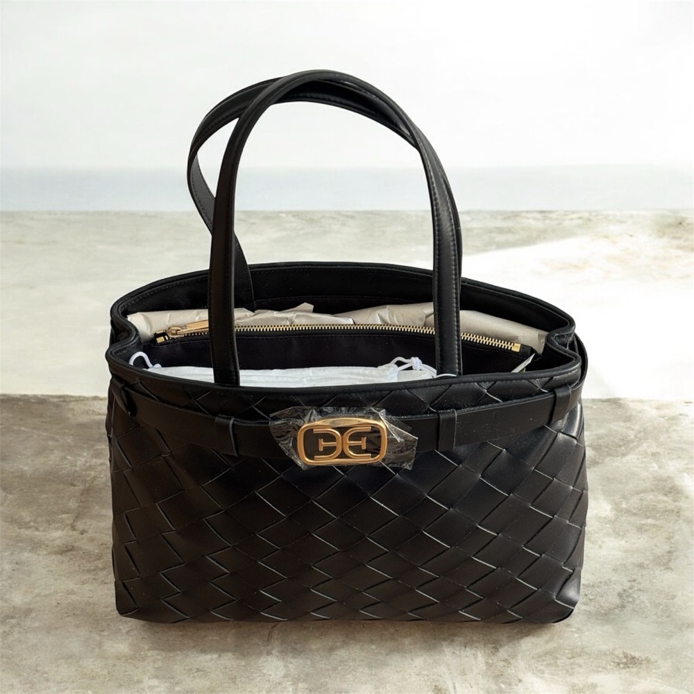 SAM EDELMAN Black Woven Leather Tote Bag with Gold Accent - Picture 2 of 8